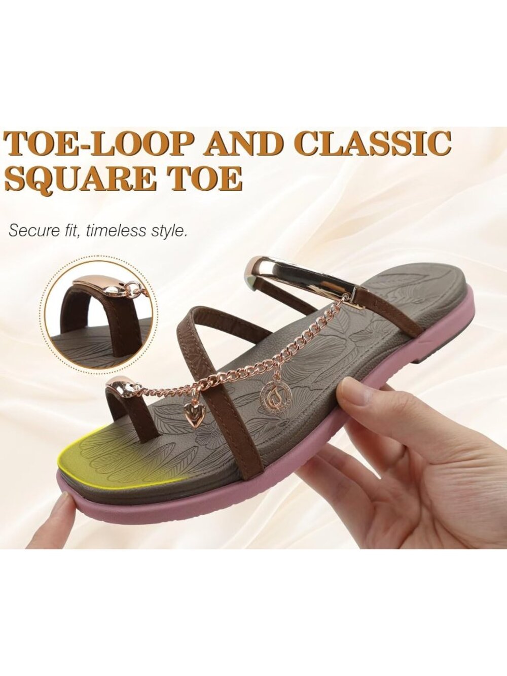 Women's Brown Pink Flat Slides Sandals Toe loop Strappy Square Open Toe Fashion - Picture 4 of 6